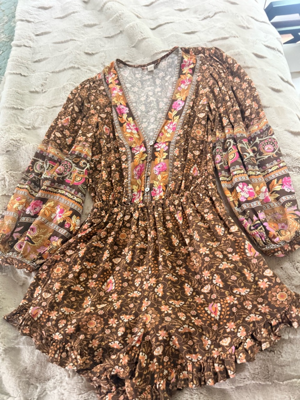 Spell Brown Floral Long Sleeve V-Neck Romper with Tassel Tie - Picture 4 of 9